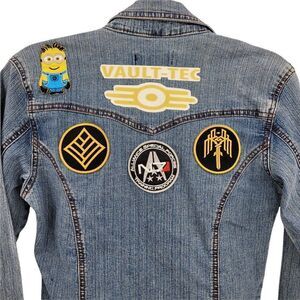 AC 3998 Upcycled Patches Stretch Jean Jacket Light Wash Minion Patch Button